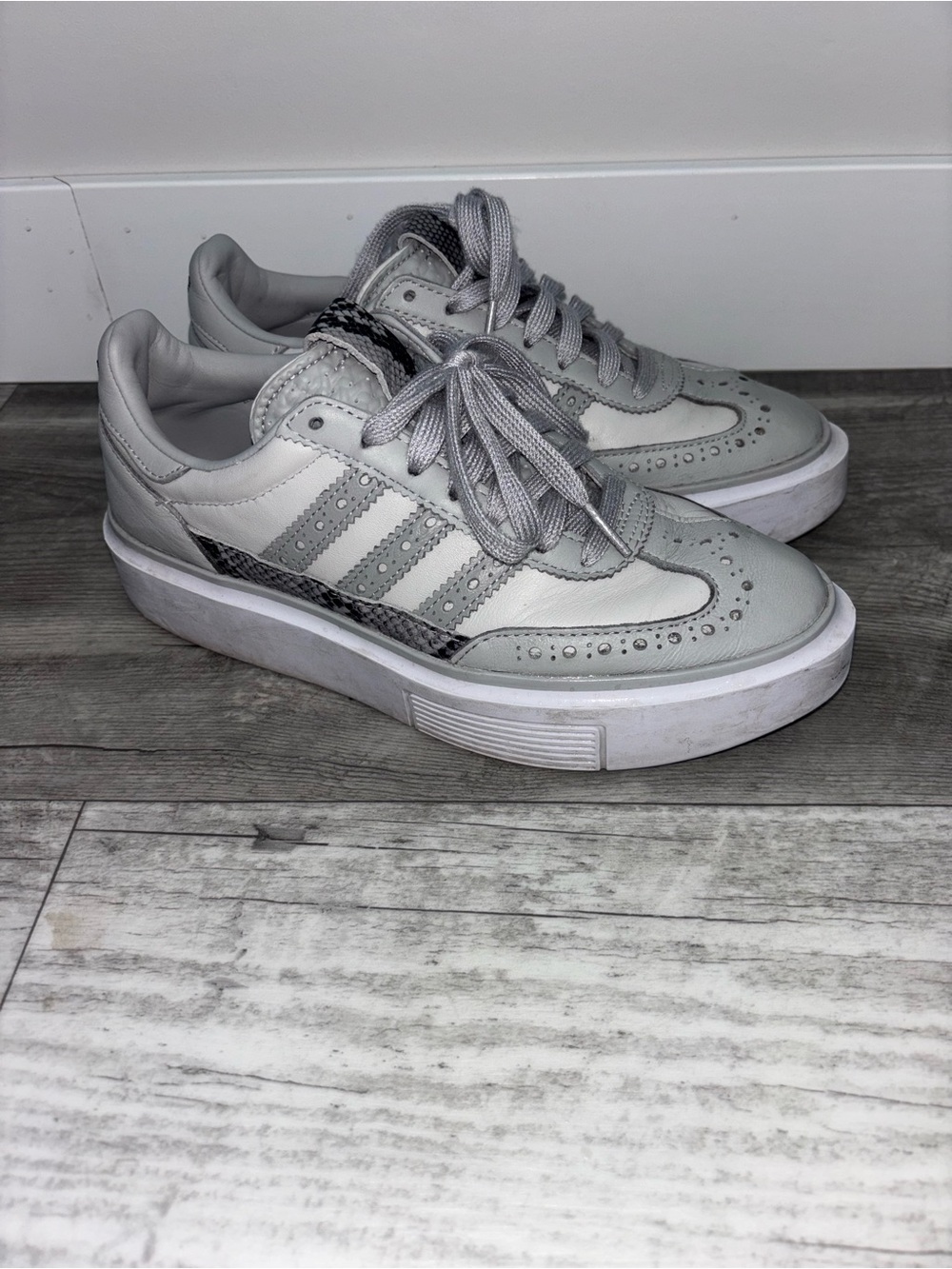 adidas Grey & White Platform Sneakers with Brogue Detailing